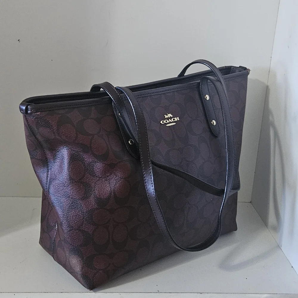 Coach Signature Coated Canvas Brown /Burgundy Leather tote bag - Picture 9 of 13